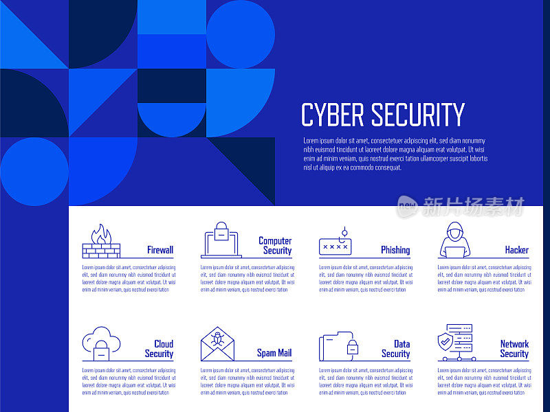 网络安全概念矢量线信息图形设计图标。8选项或步骤的介绍，横幅，工作流程布局，流程图等。
