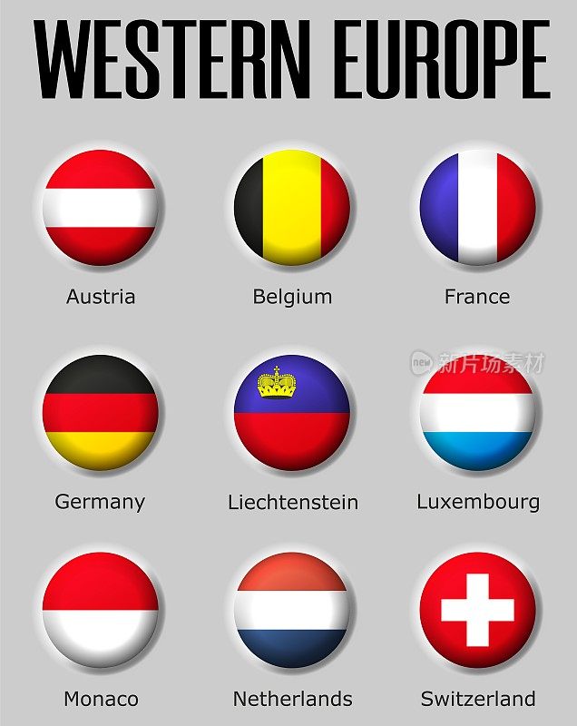 在光滑的球体上设置西欧国旗的影子和名字