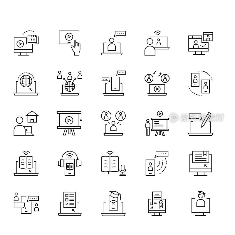 在线教育和网络研讨会可编辑的笔画线图标
