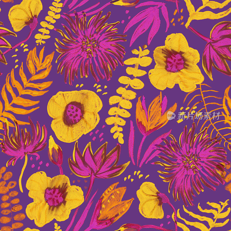热带花园在夜间的颜色，无缝图案在黄色，橙色，品红和紫罗兰，背景手绘插图