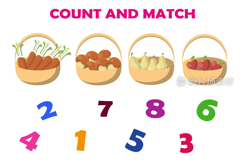 数出每个篮子里所有的水果和蔬菜，并配上正确的数字。