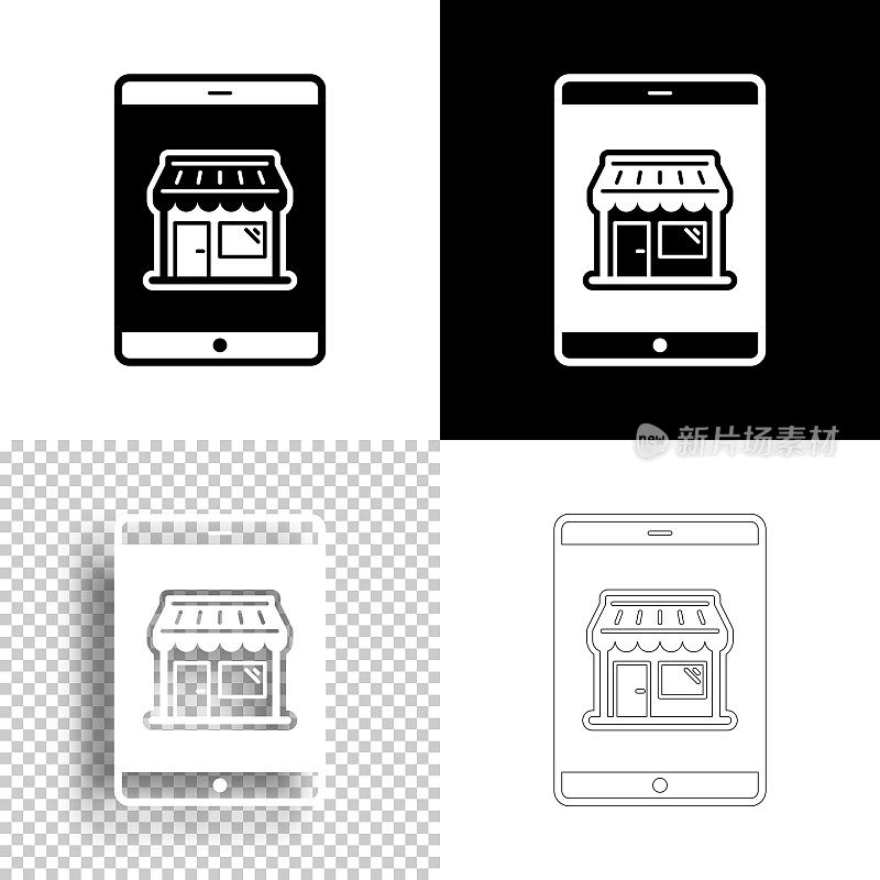 用平板电脑在线购物。图标设计。空白，白色和黑色背景-线图标