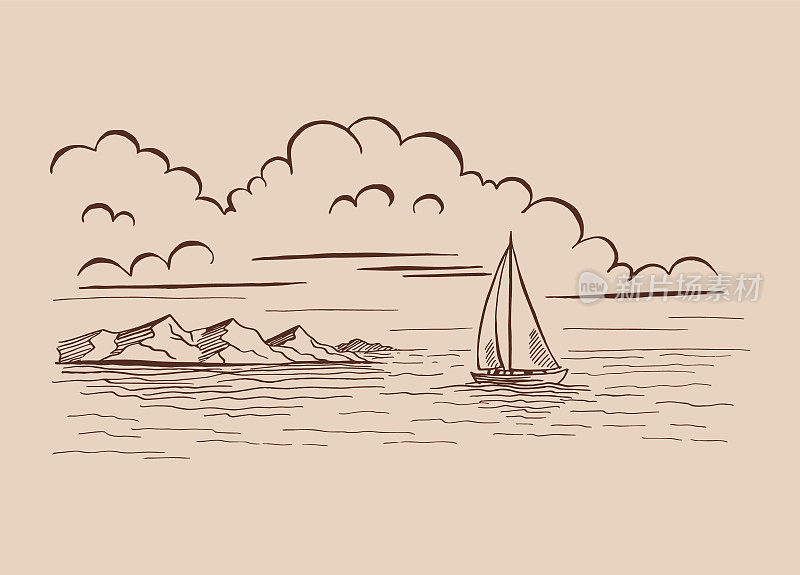 海景。景观，大海，帆船，岩石。手绘矢量插图。