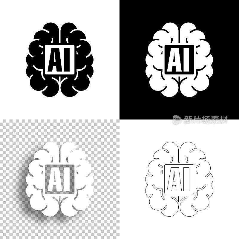 人类大脑与人工智能AI。图标设计。空白，白色和黑色背景-线图标