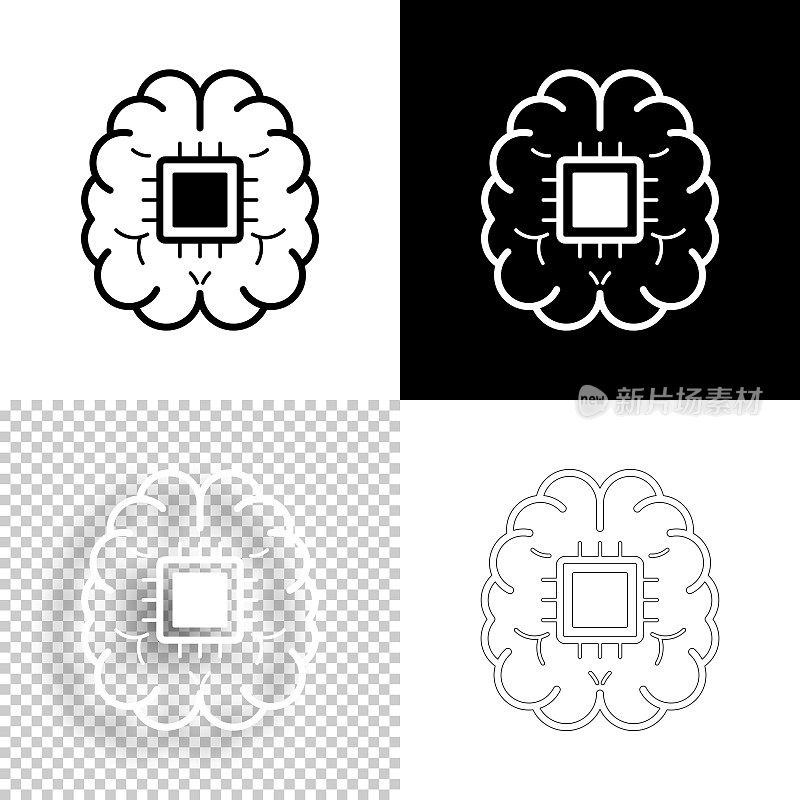 大脑植入芯片。图标设计。空白，白色和黑色背景-线图标