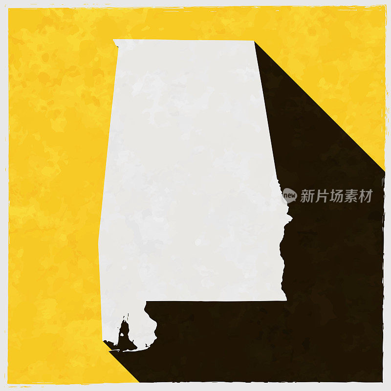 阿拉巴马地图与纹理黄色背景上的长阴影