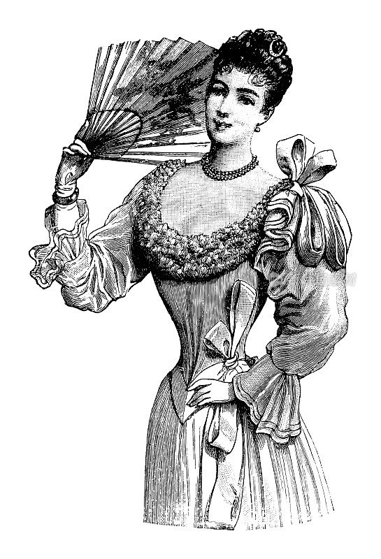 优雅的女人与扇在历史时尚服装-复古雕刻插图孤立在白色背景