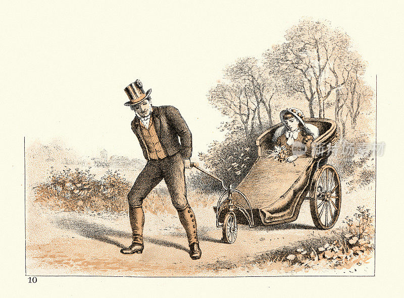一个男人用轮椅拉着一个生病的女孩，1880年代，维多利亚时期19世纪