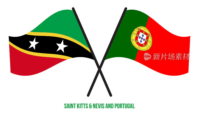 圣基茨和尼维斯和葡萄牙国旗交叉和扁平风格挥舞。官方的比例。