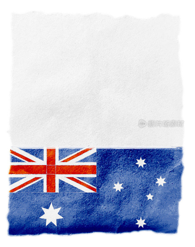 澳大利亚国旗设计印刷在底部边界的白色折痕纸纹理grunge效果垂直复古矢量背景像墙壁留下副本空间到处;边缘被风化，磨损和撕裂