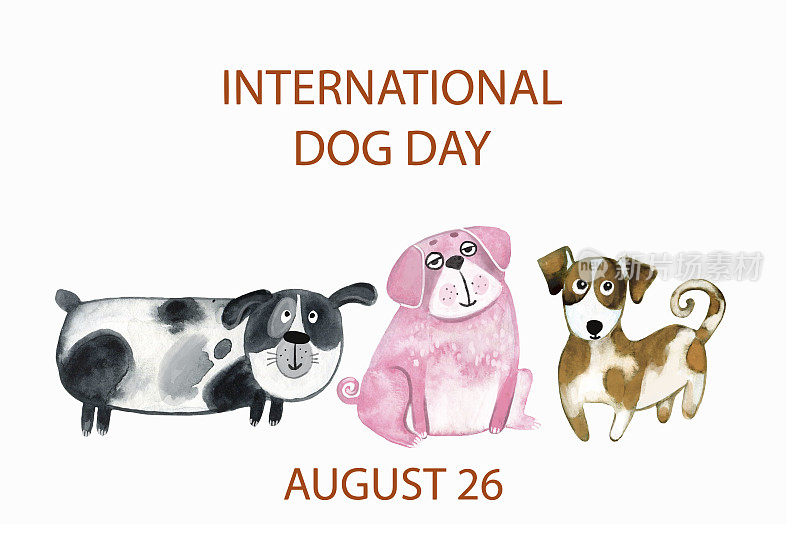 水彩插图三只狗，斑纹黑白，粉红色斗牛犬，杰克罗素梗，铭文国际狗日