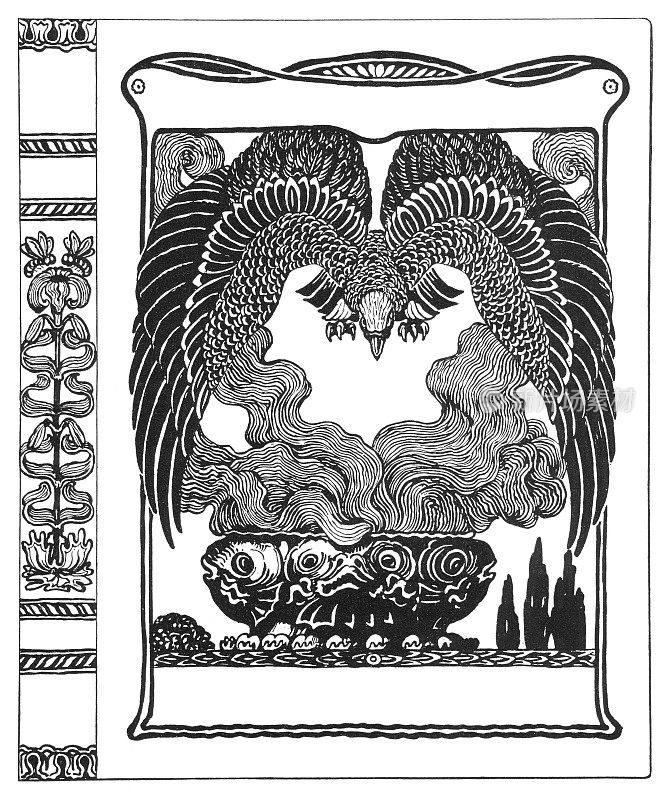 老鹰飞越碗与烟新艺术插画1898年