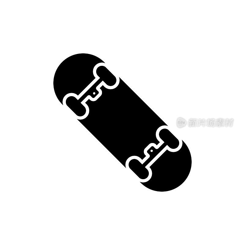 滑板黑色剪影图标。滑板象形文字。滑冰街活动娱乐平面标志。滑板装备甲板轮。活跃的滑板。孤立的矢量图