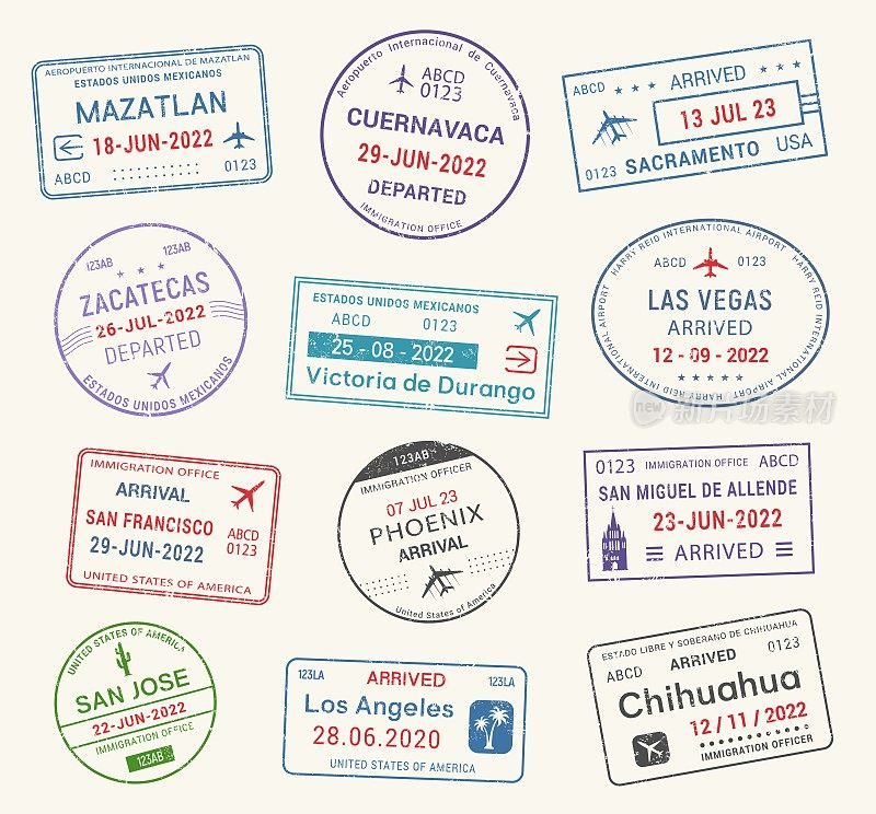 护照旅行印章，美国、墨西哥机场签证
