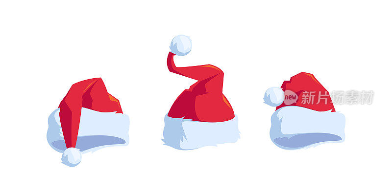 圣诞老人帽子与毛绒绒的Bubo孤立的图标在白色背景。圣诞老人帽子系列，节日红色圣诞头饰