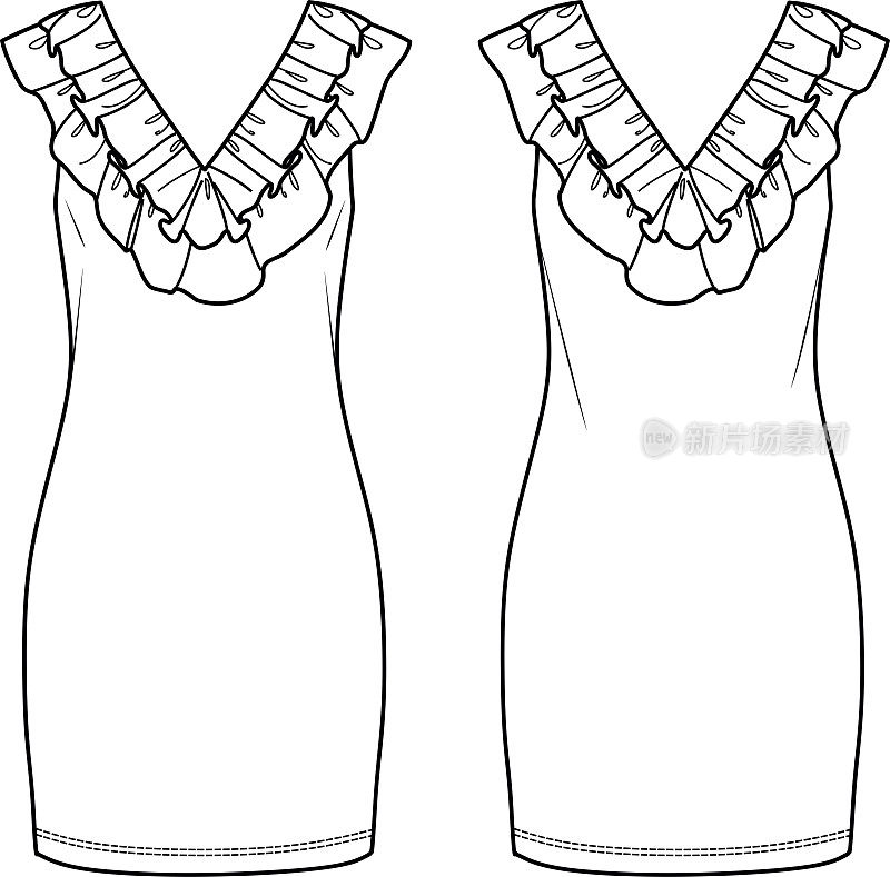 矢量女装夏装时尚CAD，无袖带褶边连衣裙技术图纸，模板，平面，草图。针织或梭织服装，正面，背面，白色