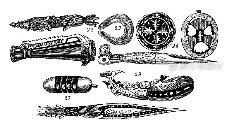 古董插图，民族志和土著文化:新几内亚，工具
