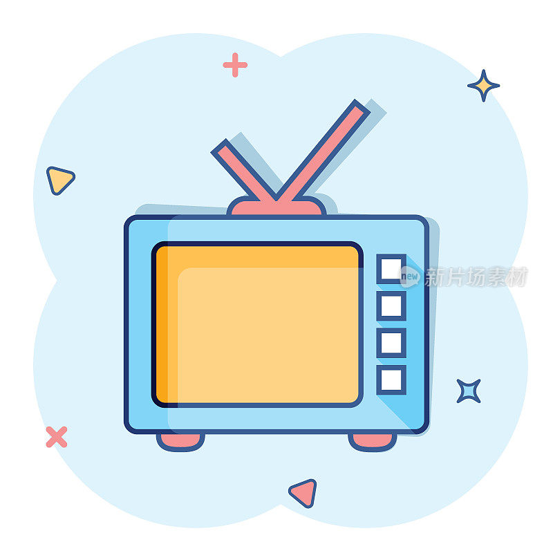 矢量卡通在漫画风格的复古电视屏幕图标。旧电视概念插图象形图。电视显示业务飞溅效应概念。