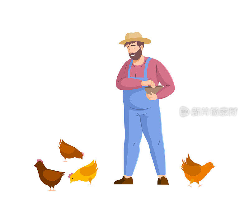 农夫穿着工作服，戴着草帽喂鸡。兴高采烈的农工抱着篮子喂母鸡。家禽养殖，农业产业，养殖