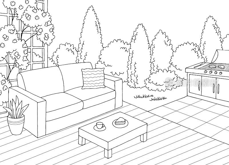 后院甲板花园图形黑白素描插图矢量