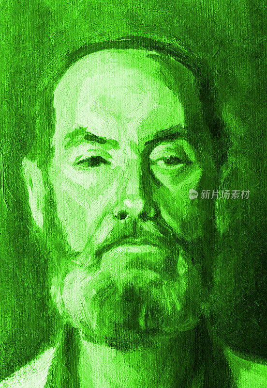 插图油画肖像的人与胡子在绿色的背景