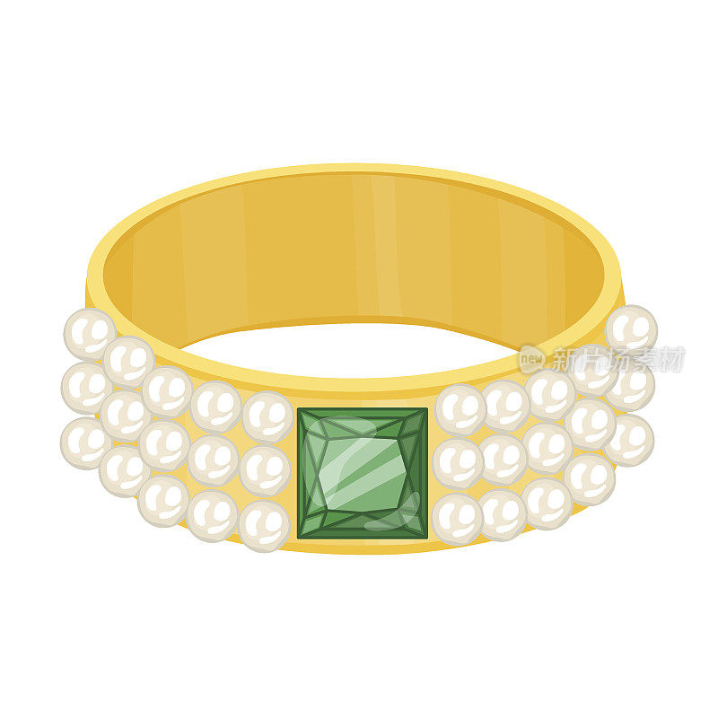 黄金手镯与珍珠和祖母绿珠宝矢量插图。金、银、珍珠首饰。石头或钻石戒指，耳环，手镯