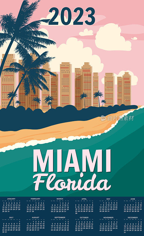 月历2023年迈阿密海滩，城市天际线，复古海报。救生员屋，海岸，冲浪，海洋。矢量插图