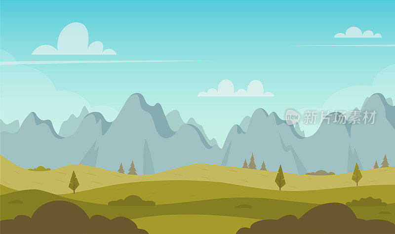 美丽的青山与山脉在地平线上排列。景观有绿色的小山、树木、灌木、山峦，湛蓝的天空。乡村背景横幅，动画。矢量插图。