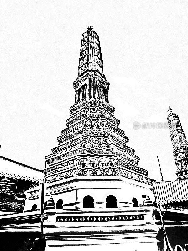 曼谷大皇宫景观黑白插图。