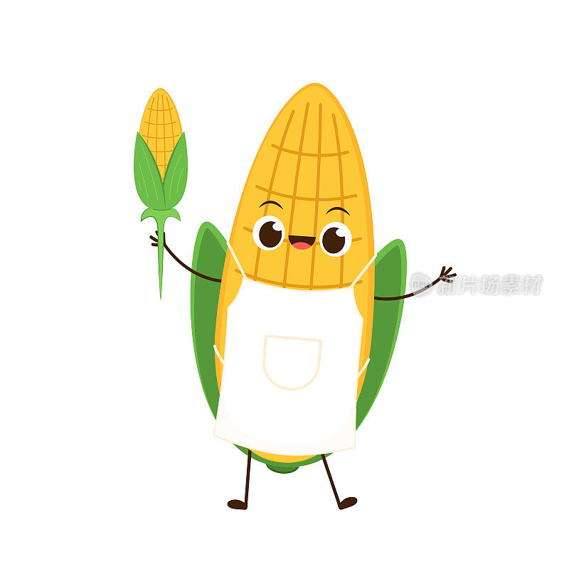 玉米字设计。白底玉米。玉米籽粒向量。玉米卡通穿着围裙。