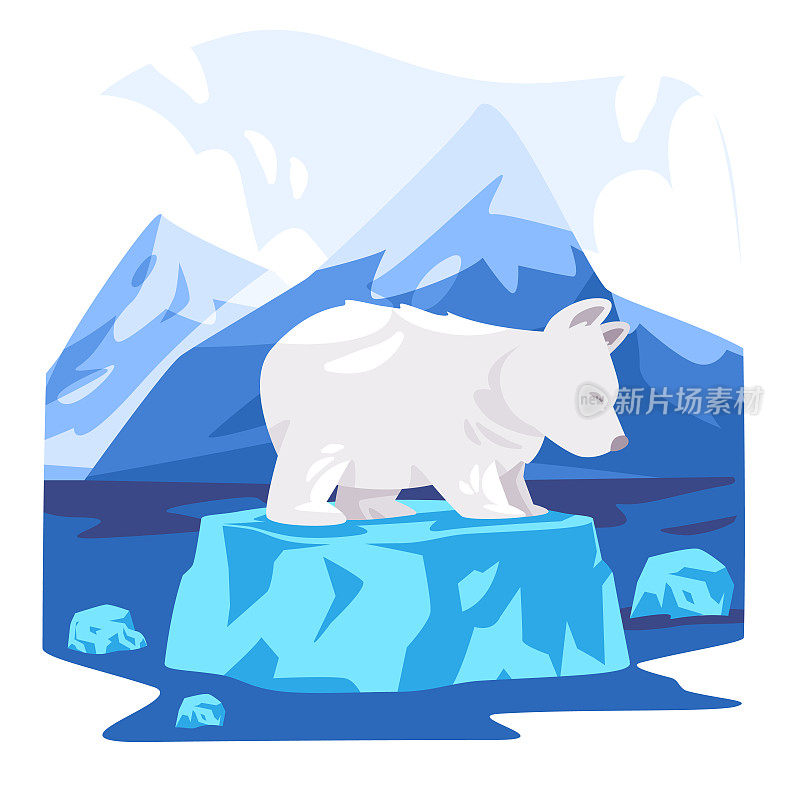 北极熊在融化的漂浮冰山中濒临灭绝，象征着全球变暖对北极气候变化的影响