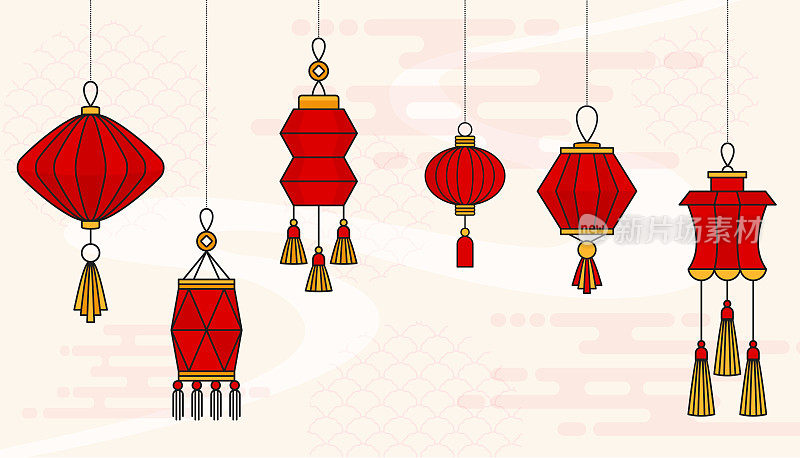 中国红灯笼套装。挂纸灯。中国新年。