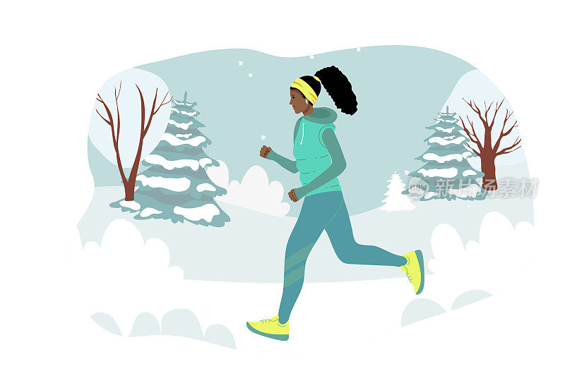 跑步运动的非洲裔美国妇女在夹克，温暖的衣服运行对冬季景观的背景。小女孩热衷于体育运动。手绘风格矢量设计插图。卡通。在冬天跑步