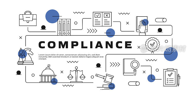 遵从性矢量信息图。设计是可编辑的,颜色可以改变。创意图标的矢量集:治理,透明度,法律,要求,标准