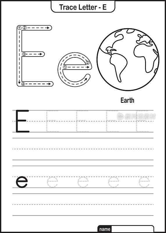 字母跟踪字母A到Z学龄前工作表与字母E地球亲矢量