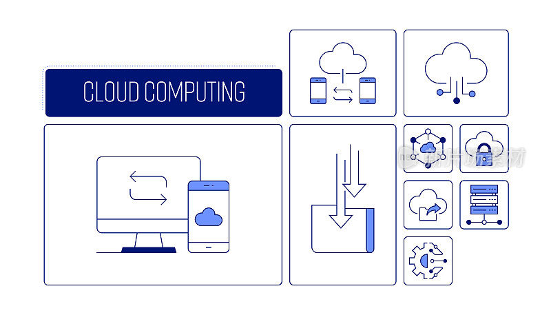 与线图标云计算相关的设计。简单轮廓符号图标。