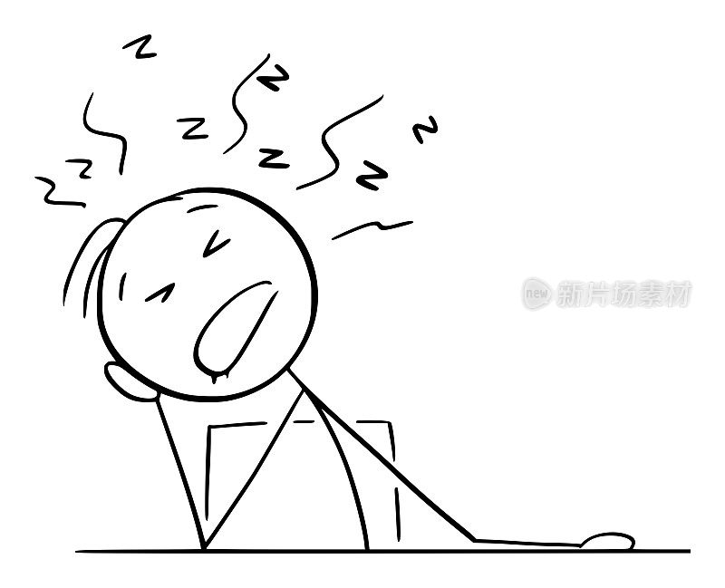 疲惫的人睡在桌子后面，矢量卡通简笔插图