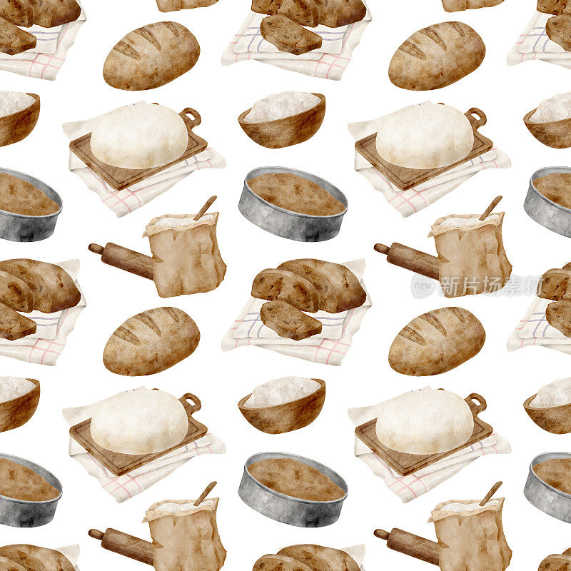 水彩面包无缝图案。手绘烘焙产品背景。小麦面包，面团和派盘隔离在白色上。烹饪设计食谱，食谱，菜单，博客，包装。