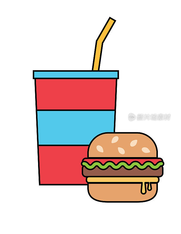 可爱的快餐苏打水和汉堡细线图标。