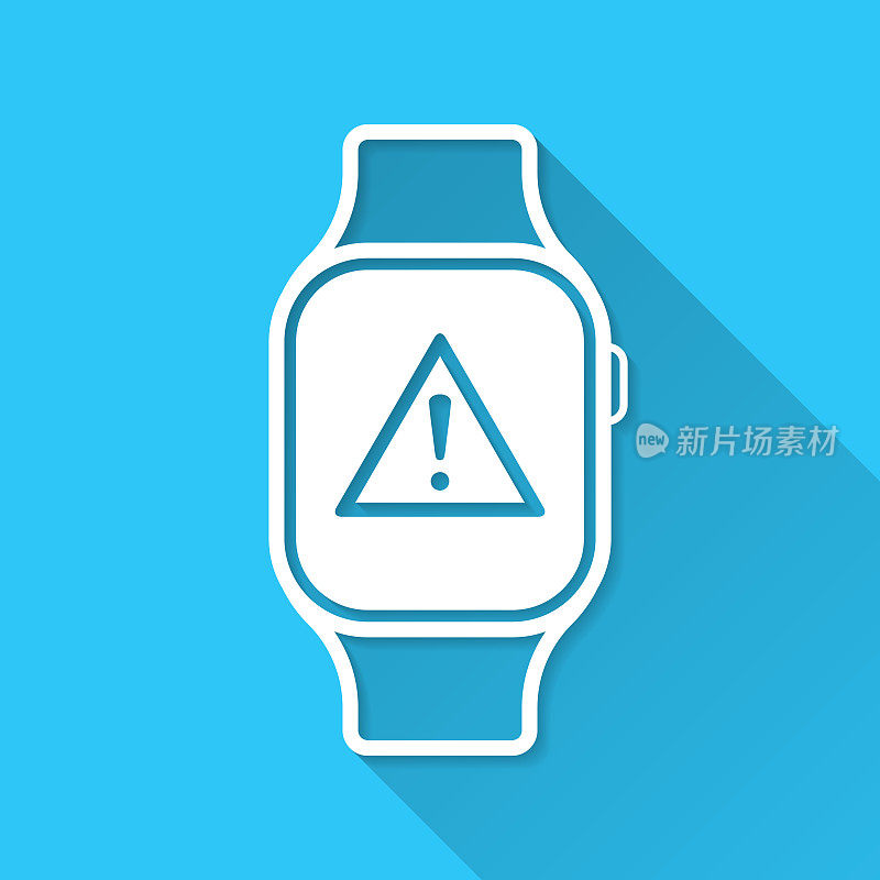 具有危险警告注意的智能手表。图标在蓝色背景-平面设计与长阴影