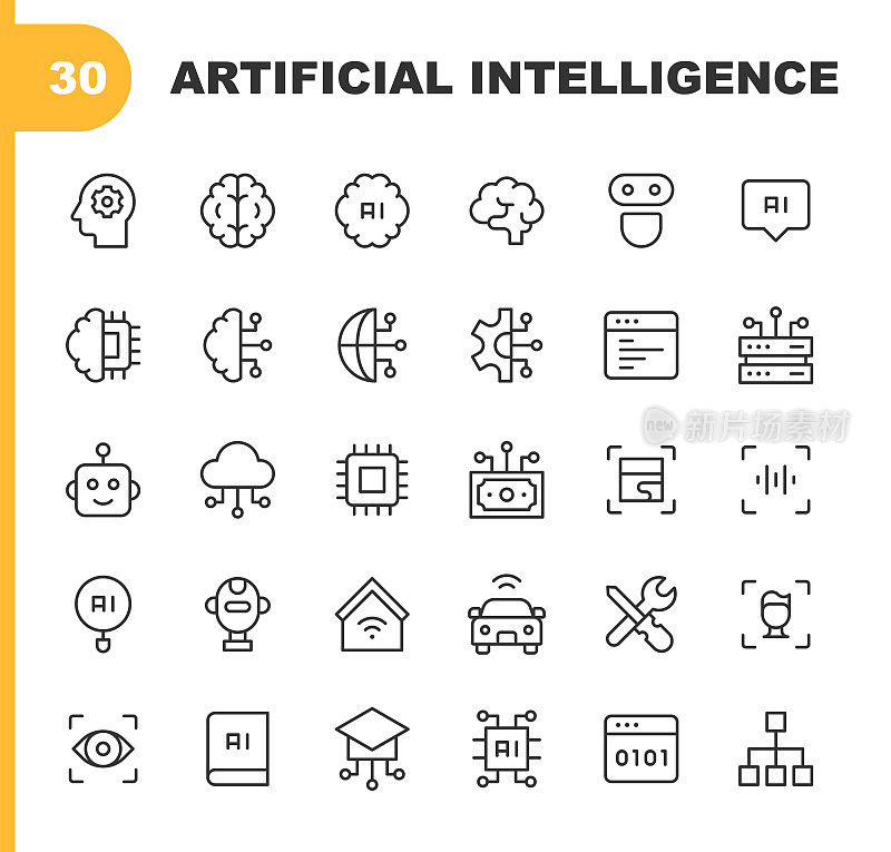 人工智能线图标。可编辑的中风。像素完美。移动和Web。包含AI、大脑、芯片、编码、数据、工程、生成艺术、GPU、机器、机器学习、神经网络、处理器、编程、机器人等图标。