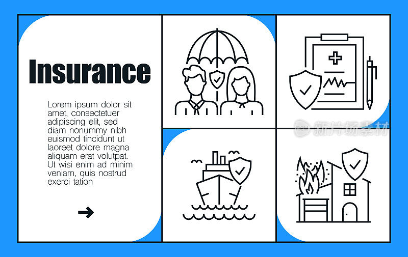 保险线图标集和横幅设计。采购产品人寿保险，家庭保险，汽车保险，支持，保险政策