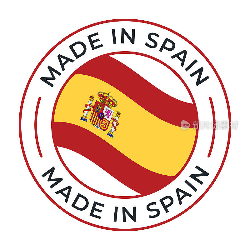 西班牙制造-矢量插图。标签，标志，徽章，徽章，邮票收集与西班牙国旗和文字隔离在白色背景上