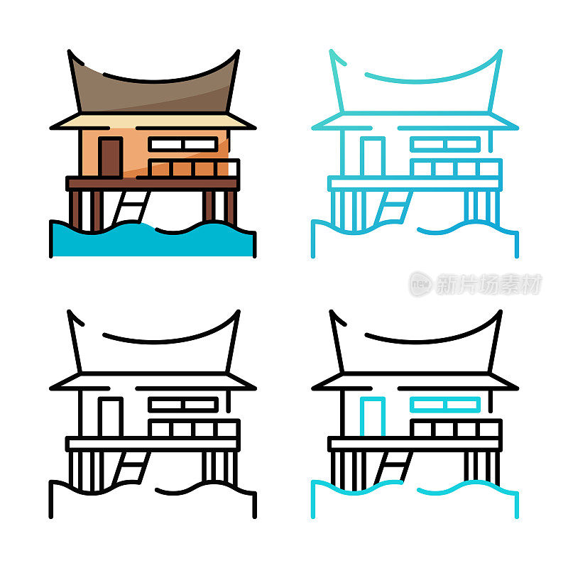 房子沙滩图标设计在四个变化的颜色