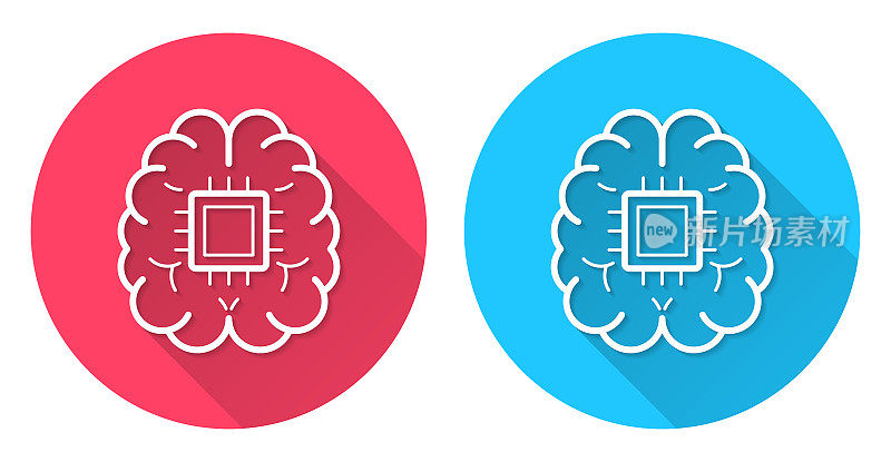 植入大脑芯片。圆形图标与长阴影在红色或蓝色的背景