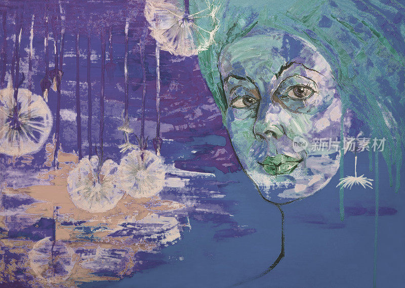 插图油画肖像的女人对蒲公英在蓝色色调的林间空地的背景