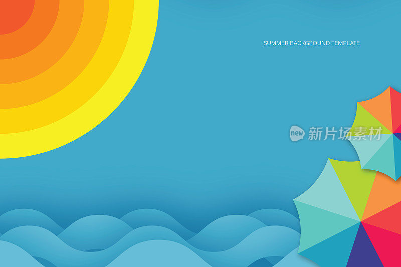 夏天的背景。抽象最小的夏季水平海报，封面，横幅，卡片与明亮的阳光在蓝天和大海。模板矢量股票插图