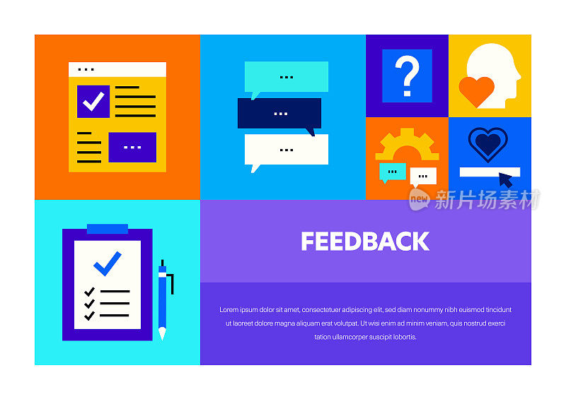 反馈相关的矢量横幅设计概念。全局多球体随时可用的模板。网页横幅，网站标题，杂志，移动应用程序等。现代设计。