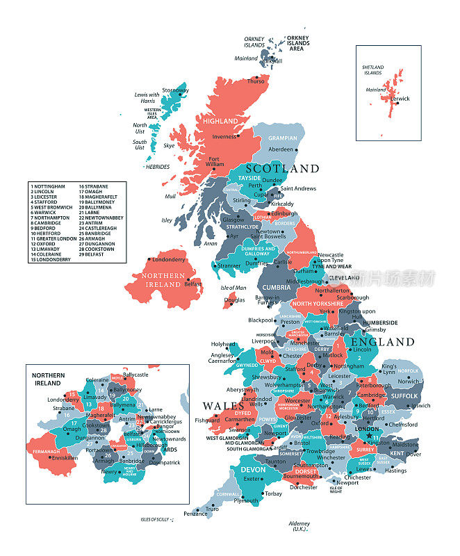 英国地图。英国的彩色矢量地图