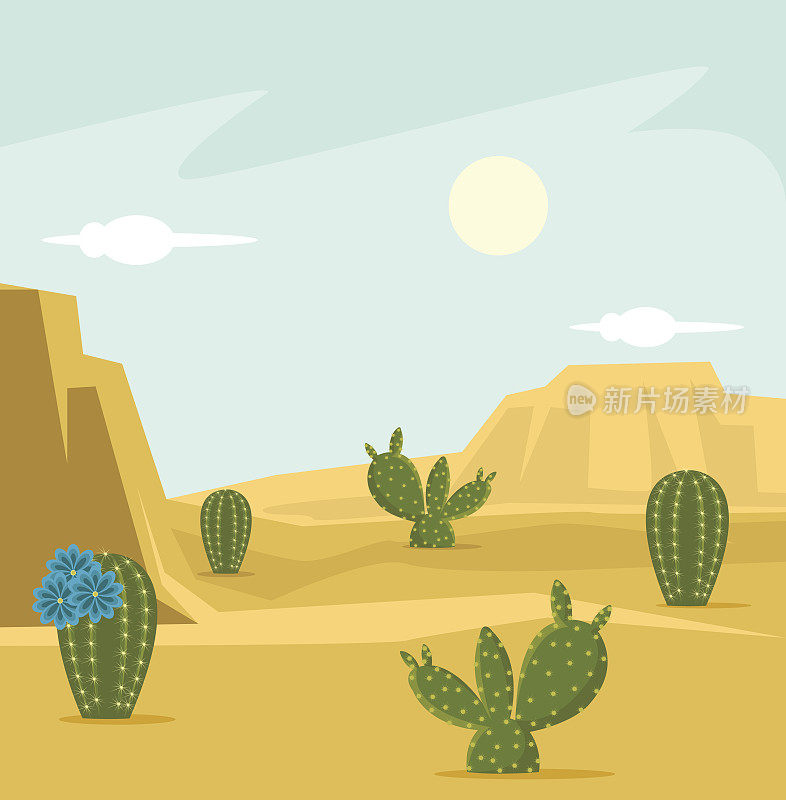 沙漠背景。矢量平面卡通插图